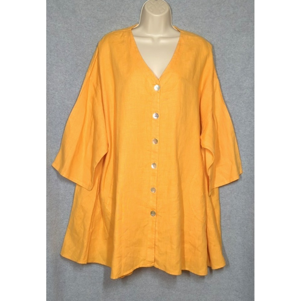 Vtg La. FIXSUN Linen Top Tunic Shirt XL Button Up Jacket Lt Orange Boho Appeal